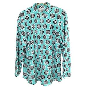 Lulu-B Women's XL Aqua Blue White Print Quarter Zip Top Resortwear‎ Vacation